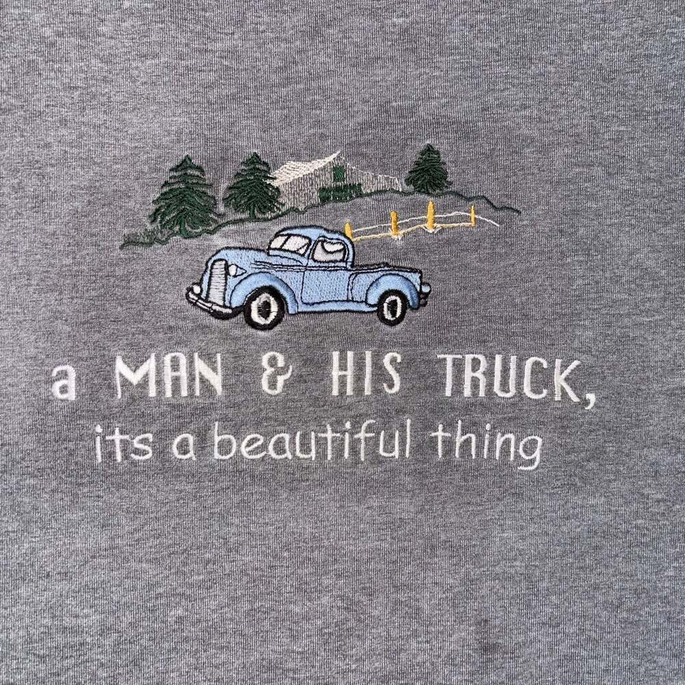 Vintage Embroidered A Man & His Truck Graphic T-Shirt Gray